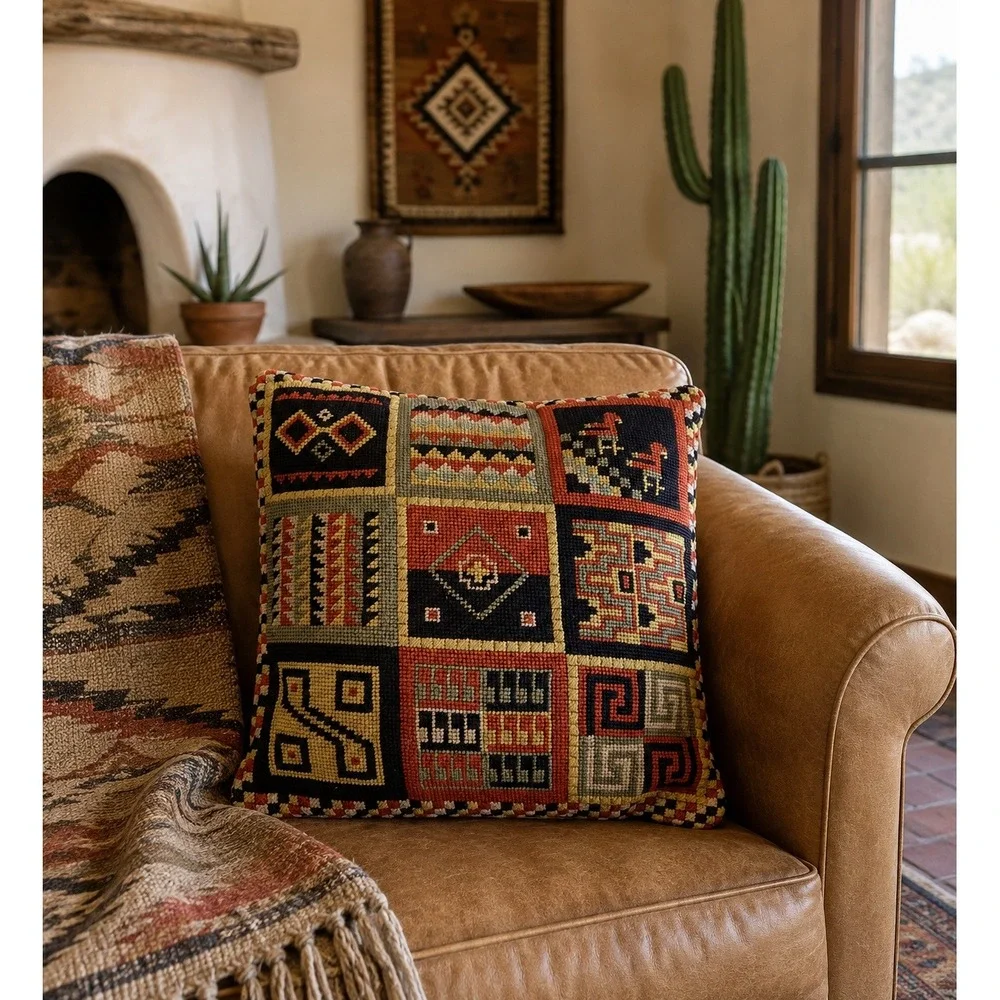 Vintage Southwest Needlepoint Patchwork Throw Pillow Geometric Tribal 14